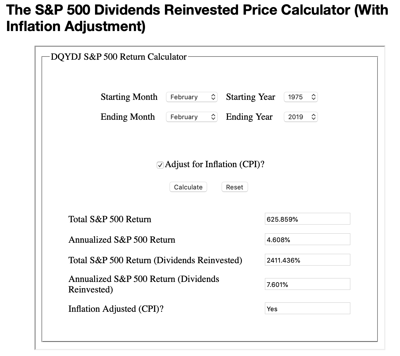 s&amp;p500 calculator